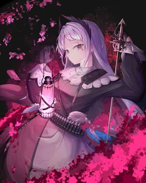 Anime-Bild 2000x2500 mit arknights irene (arknights) noirl single long hair tall image looking at viewer highres silver hair horn (horns) grey eyes expressionless girl dress gloves weapon sword black gloves lantern