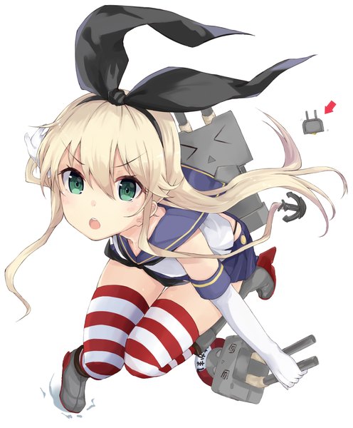 Anime picture 1653x2000 with kantai collection shimakaze destroyer rensouhou-chan kou mashiro long hair tall image looking at viewer blonde hair simple background white background green eyes zettai ryouiki > < @ @ girl thighhighs skirt gloves hair ornament underwear