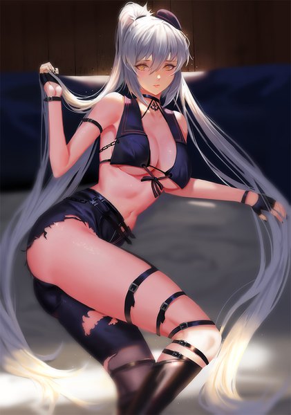 Anime picture 900x1283 with fate (series) fate/grand order jeanne d'arc (fate) (all) jeanne d'arc alter (fate) dongfangzhong111 single tall image looking at viewer blush fringe breasts light erotic hair between eyes large breasts bare shoulders yellow eyes cleavage silver hair bent knee (knees) ass