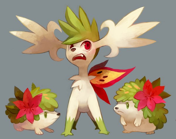 Anime picture 1876x1490 with pokemon nintendo shaymin glitchedpuppet highres open mouth simple background red eyes green eyes looking away profile grey background group no people gen 4 pokemon animal pokemon (creature) hedgehog