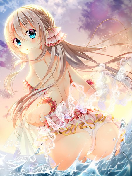 Anime picture 751x1000 with original yadapot single long hair tall image looking at viewer blush light erotic bare shoulders sky silver hair cloud (clouds) ass looking back aqua eyes from behind bare back fisheye girl hair ornament