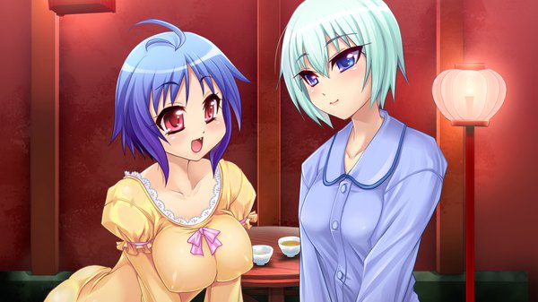 Anime picture 1280x720 with sangoku hime unicorn-a short hair breasts blue eyes light erotic red eyes wide image large breasts multiple girls blue hair game cg girl 2 girls pajamas
