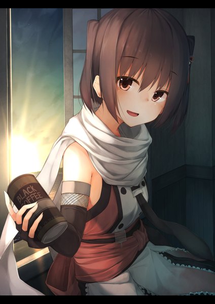 Anime picture 1157x1637 with kantai collection sendai light cruiser waterdog single tall image blush short hair open mouth smile brown hair brown eyes sunlight two side up girl gloves black gloves elbow gloves scarf fingerless gloves drink