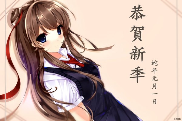 Anime picture 1920x1280 with original iron (huyiyang) single long hair looking at viewer blush highres blue eyes brown hair girl uniform ribbon (ribbons) hair ribbon school uniform