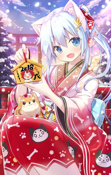 Anime-Bild 634x1000 mit original mint (yano mitsuki) yano mitsuki single long hair tall image looking at viewer fringe open mouth blue eyes smile hair between eyes sitting holding animal ears blue hair sky cloud (clouds) ponytail traditional clothes