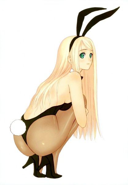 Anime picture 1029x1479 with tony taka single long hair tall image light erotic simple background blonde hair white background sitting green eyes animal ears full body ass animal tail bunny ears back bunny girl bunny tail girl pantyhose