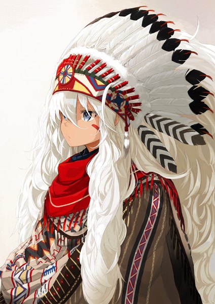 Anime picture 842x1191 with original miruto netsuki single long hair tall image fringe blue eyes simple background hair between eyes looking away upper body white hair hair over one eye dark skin facial mark serious native american girl headdress feather (feathers)