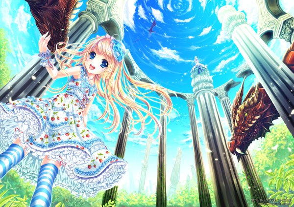 Anime-Bild 1273x900 mit original a.yuuki (au7) long hair open mouth blue eyes blonde hair smile multiple girls sky cloud (clouds) sunlight teeth from below fang (fangs) girl thighhighs dress bow 2 girls hair bow