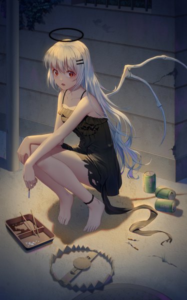 Anime picture 1000x1602 with original ji dao ji single long hair tall image looking at viewer blush fringe open mouth hair between eyes red eyes bare shoulders holding payot silver hair full body outdoors barefoot bare legs shadow