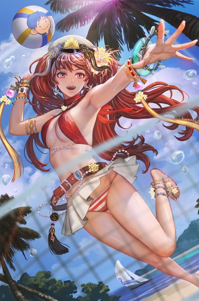 Anime picture 2397x3614 with romance sangoku xiaji single long hair tall image highres breasts open mouth light erotic red eyes sky bent knee (knees) red hair :d pleated skirt armpit (armpits) beach outstretched arm jumping beach volleyball