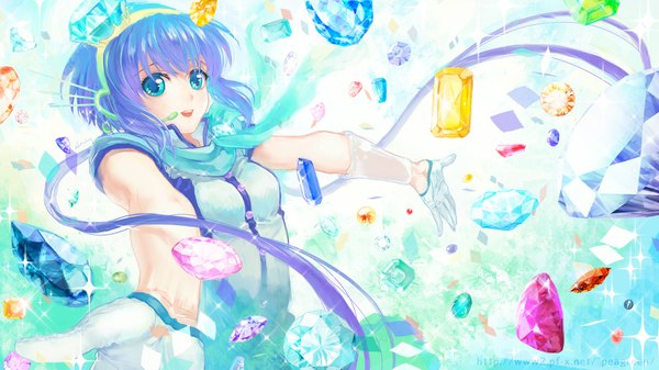 Anime picture 1000x563 with vocaloid aoki lapis yamakawa umi single long hair open mouth blue eyes wide image signed purple hair spread arms girl gloves scarf jewelry microphone crystal