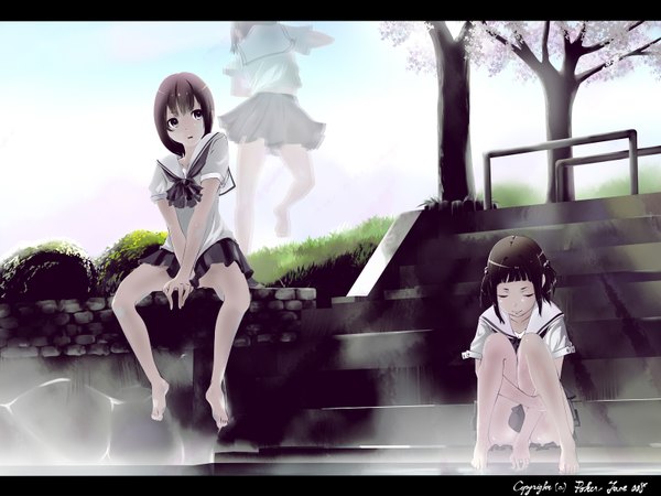 Anime picture 1600x1200 with poker-face-008 short hair black hair smile sitting twintails multiple girls sky eyes closed barefoot grey eyes pantyshot wallpaper cherry blossoms letterboxed pantyshot sitting group girl skirt underwear