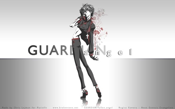 Anime picture 2560x1600 with neon genesis evangelion gainax nagisa kaworu single highres short hair black hair simple background red eyes wide image signed looking back inscription midriff monochrome boy gloves chain cross necklace