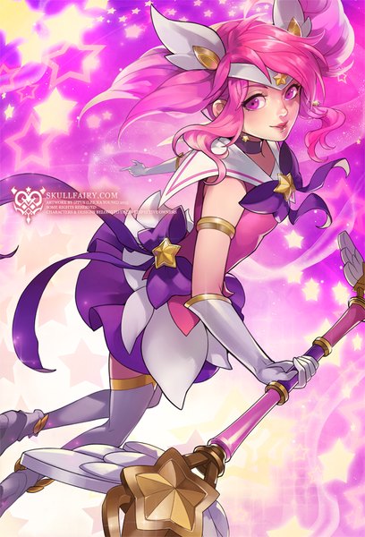 Anime picture 680x1000 with league of legends lux (league of legends) star guardian lux ippus single tall image short hair smile pink hair parted lips pink eyes inscription magic magical girl girl gloves uniform hair ornament ribbon (ribbons) bow
