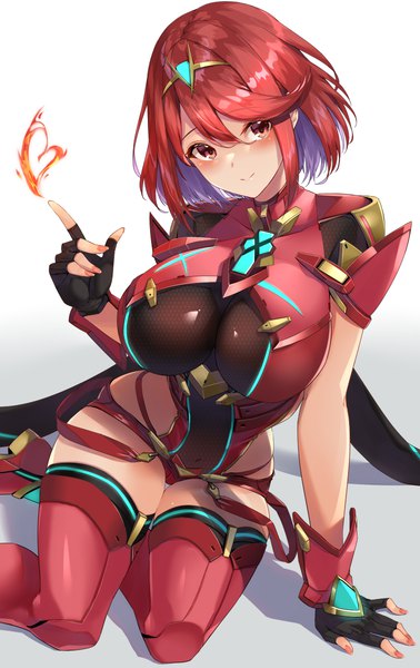 Anime picture 756x1200 with xenoblade xenoblade 2 pyra (xenoblade) eel mizue single tall image looking at viewer blush fringe short hair breasts light erotic smile hair between eyes red eyes large breasts sitting red hair head tilt arm support