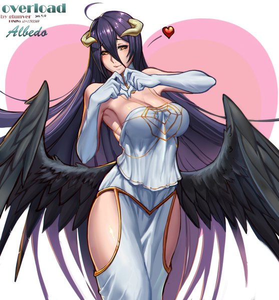 Anime picture 1800x1940 with overlord (maruyama) madhouse albedo (overlord) gtunver single long hair tall image looking at viewer blush fringe highres breasts light erotic large breasts standing purple hair very long hair horn (horns) demon girl black wings