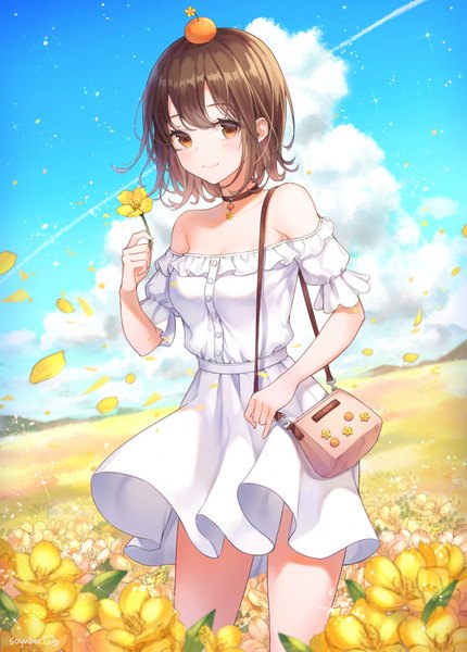 Anime picture 1200x1675 with original soyubee single tall image looking at viewer blush fringe short hair breasts smile hair between eyes brown hair standing bare shoulders holding brown eyes signed sky cleavage cloud (clouds)