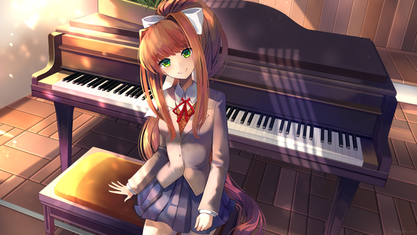Anime picture 2880x1620 with doki doki literature club monika (doki doki literature club) takuyarawr single long hair looking at viewer blush fringe highres smile brown hair wide image sitting green eyes signed payot ponytail indoors blunt bangs long sleeves