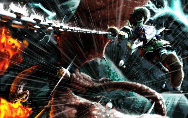 Аниме картинка 1680x1050 с легенда о зельде nintendo линк один (одна) высокое разрешение широкое изображение дождь битва epic мужчина огонь дракон щит
