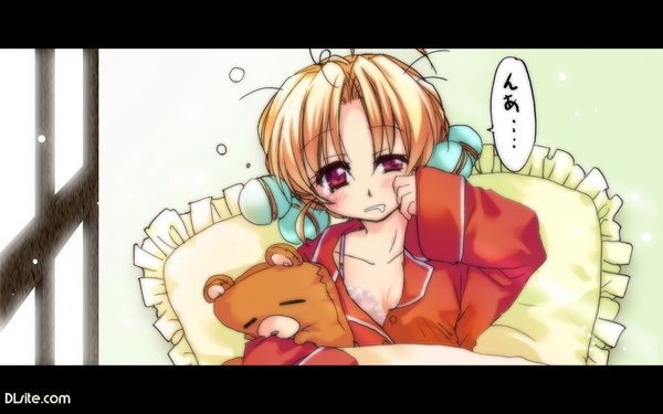 Anime picture 1920x1200 with dlsite.com highres light erotic blonde hair red eyes wide image saliva sleepy pillow toy stuffed animal teddy bear pajamas