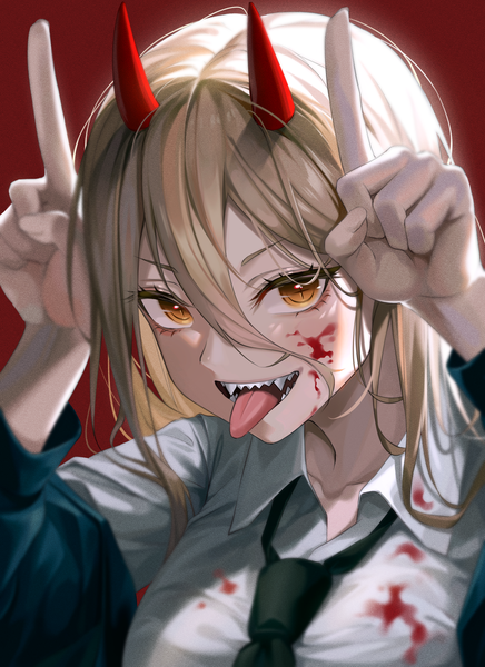 Anime picture 2415x3325 with chainsaw man mappa power (chainsaw man) akgrn single long hair tall image fringe highres simple background blonde hair hair between eyes brown eyes upper body horn (horns) teeth red background sharp teeth blood on face bloody clothes