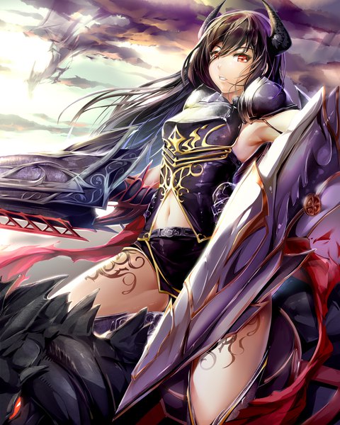 Anime picture 1600x2000 with shingeki no bahamut forte (shingeki no bahamut) shuffle (songdatiankong) single long hair tall image looking at viewer blush fringe light erotic black hair hair between eyes red eyes sky cloud (clouds) bent knee (knees) parted lips horn (horns) bare belly tattoo
