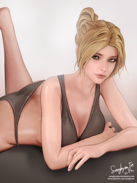 Anime picture 900x1200 with starcraft blizzard entertainment nova (starcraft) sanghyunje single tall image looking at viewer short hair light erotic simple background blonde hair green eyes lips realistic bad anatomy girl swimsuit bikini black bikini