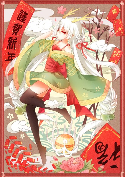 Anime picture 1240x1754 with original emia wang single long hair tall image red eyes white hair traditional clothes horn (horns) girl thighhighs flower (flowers) black thighhighs