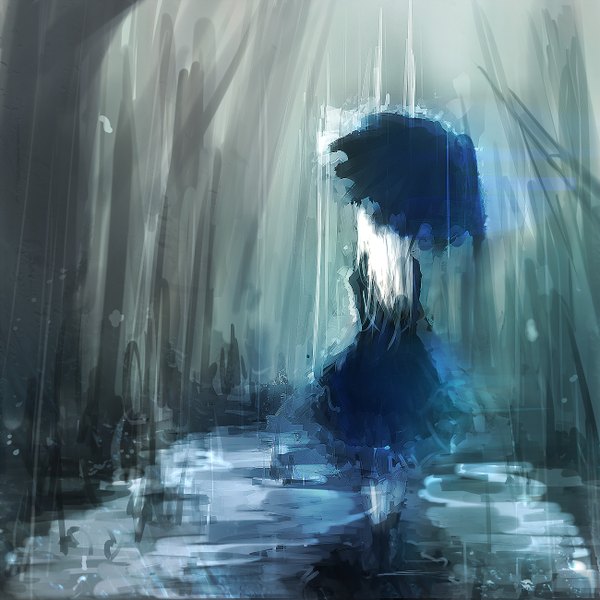 イラスト 1300x1300 と sound horizon hortense mark (abenyugu) ソロ 長髪 white hair from behind rain no face 女の子 ドレス 植物 木 parasol