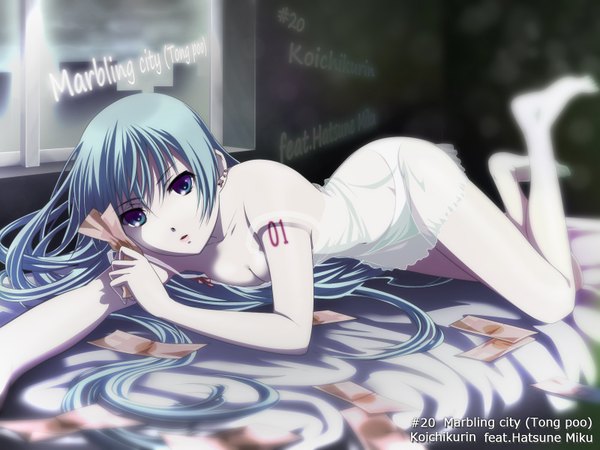 Anime picture 1600x1200 with vocaloid hatsune miku single long hair cleavage lying aqua eyes aqua hair inscription girl