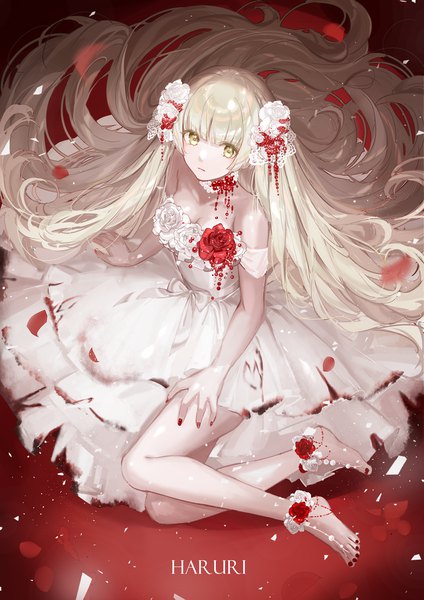 Anime picture 1000x1414 with original haruri single tall image looking at viewer fringe sitting bare shoulders signed yellow eyes payot full body bent knee (knees) white hair blunt bangs very long hair nail polish barefoot hair flower from above