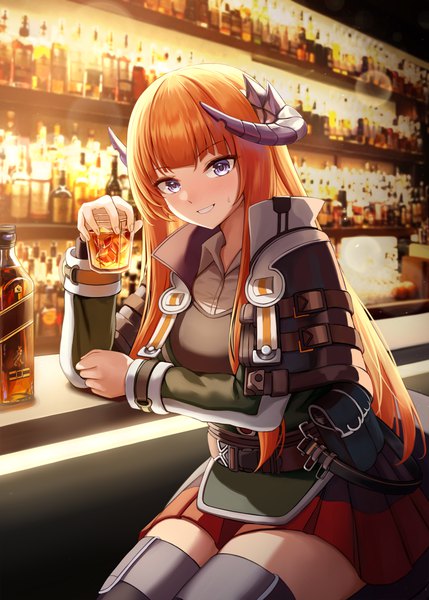Anime picture 4000x5600 with arknights bagpipe (arknights) daisy cutter single long hair tall image looking at viewer fringe highres smile sitting purple eyes holding absurdres indoors blunt bangs pleated skirt horn (horns) orange hair depth of field