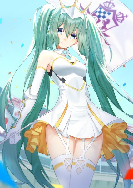 Anime picture 1200x1688 with vocaloid goodsmile racing hatsune miku racing miku racing miku (2015) crying eye single long hair tall image looking at viewer blush fringe breasts blue eyes light erotic smile hair between eyes standing twintails holding