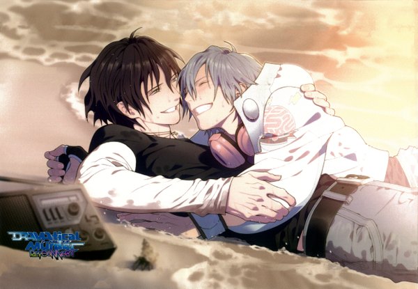 Anime picture 4917x3402 with dramatical murder nitro+chiral aoba (dmmd) ren (dmmd) honya lala blush highres short hair black hair smile signed yellow eyes absurdres lying eyes closed grey hair scan official art hug text