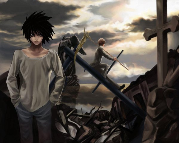 Anime picture 1280x1024 with death note madhouse yagami light l (death note) looking at viewer short hair black hair brown hair standing sitting sky cloud (clouds) from behind black eyes multiple boys couple back hands in pockets ruins spiked hair