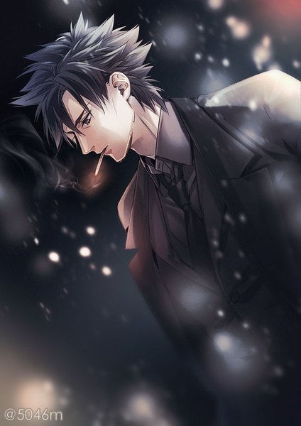 Anime picture 724x1024 with fate (series) fate/zero emiya kiritsugu 5046m single tall image fringe short hair black hair simple background hair between eyes holding signed looking away upper body profile black eyes dutch angle twitter username mouth hold