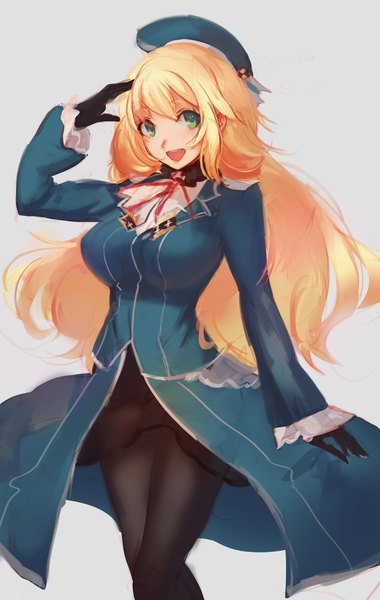 Anime picture 1294x2044 with kantai collection atago heavy cruiser saimon ma single long hair tall image fringe open mouth simple background blonde hair smile standing green eyes grey background happy salute girl gloves uniform black gloves