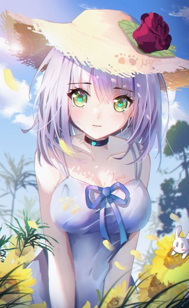 Anime picture 2461x4000 with genshin impact noelle (genshin impact) ayan 1593817922 single tall image looking at viewer blush fringe highres short hair breasts hair between eyes standing bare shoulders green eyes signed sky silver hair cloud (clouds) outdoors