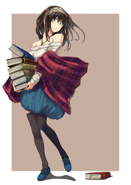 Anime picture 708x1000 with idolmaster idolmaster cinderella girls sagisawa fumika nohito single long hair tall image fringe open mouth blue eyes black hair hair between eyes bare shoulders holding looking away full body off shoulder plaid brown background girl