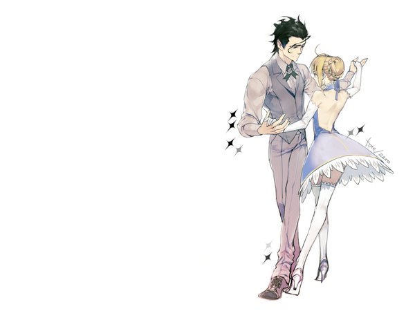 Anime picture 1700x1275 with fate (series) fate/stay night studio deen type-moon artoria pendragon (all) saber diarmuid ua duibhne (lancer) (fate) short hair black hair simple background blonde hair white background braid (braids) inscription couple lens flare back holding hands dancing girl