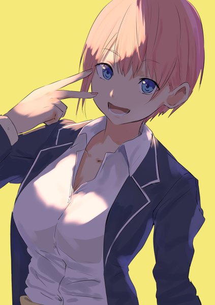 Anime picture 1748x2480 with go-toubun no hanayome nakano ichika misaki nonaka single tall image looking at viewer fringe highres short hair breasts open mouth blue eyes simple background smile hair between eyes standing pink hair cleavage upper body blunt bangs