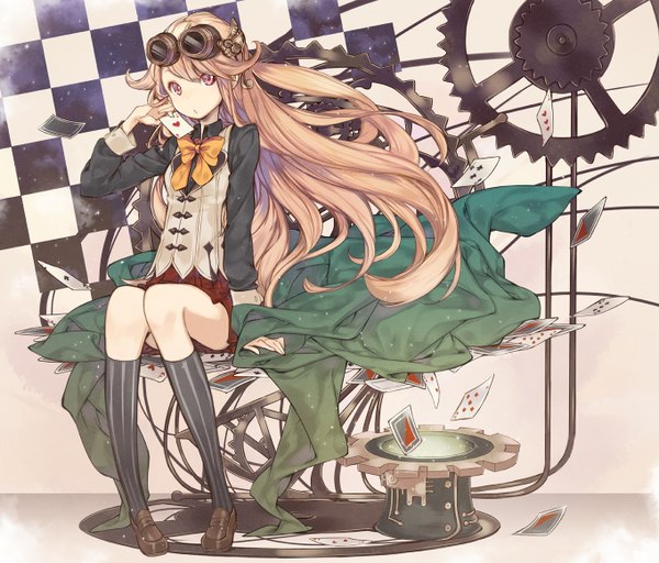 Anime picture 1361x1162 with original chiko (mizuho) single long hair looking at viewer fringe simple background sitting payot full body bent knee (knees) pink eyes wind adjusting hair plaid skirt checkered goggles on head knees touching checkered background steam punk