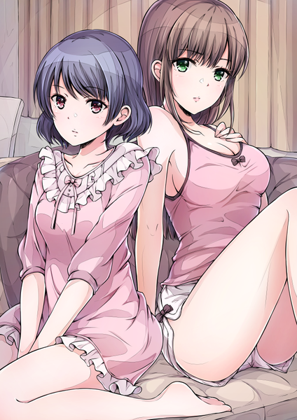 Anime picture 650x919 with domestic na kanojo tachibana rui tachibana hina hoshimaemi long hair tall image looking at viewer blush fringe short hair breasts light erotic red eyes brown hair large breasts sitting bare shoulders multiple girls green eyes blue hair