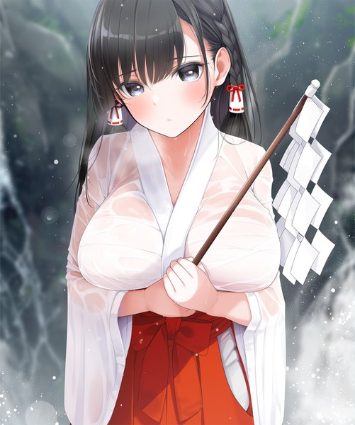 Anime picture 1040x1246 with original giba (out-low) single long hair tall image looking at viewer blush fringe breasts light erotic black hair hair between eyes standing holding braid (braids) traditional clothes parted lips head tilt japanese clothes wet