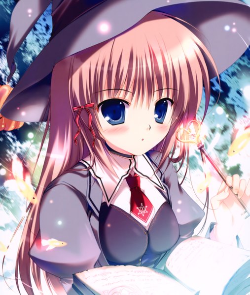 Anime picture 4205x4978 with mikeou single long hair tall image blush highres blue eyes brown hair absurdres magic girl hat witch hat fish (fishes) wand