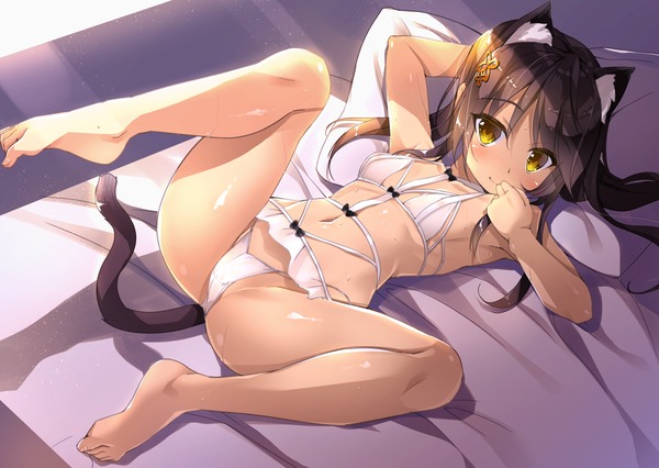 Anime picture 1920x1365 with original yanagi yuu single long hair looking at viewer blush highres breasts light erotic smile brown hair animal ears yellow eyes full body bent knee (knees) indoors tail lying animal tail barefoot