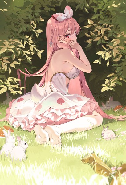 Anime picture 1400x2056 with virtual youtuber atelier live pinku (vtuber) rosuuri single long hair tall image looking at viewer blush fringe breasts red eyes large breasts sitting signed pink hair full body outdoors tail braid (braids)