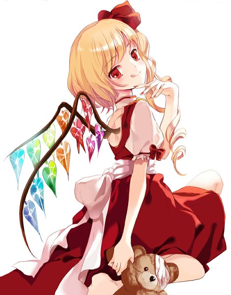 Anime picture 813x1037 with touhou flandre scarlet cierra (ra-bit) single long hair tall image looking at viewer blush short hair simple background blonde hair smile red eyes white background barefoot one side up drill hair alternate wings girl dress