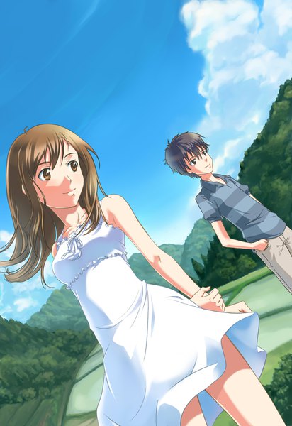 Anime picture 1100x1600 with summer wars madhouse shinohara natsuki koiso kenji nishiwaki long hair tall image black hair brown hair standing brown eyes looking away sky cloud (clouds) light smile wind short sleeves dutch angle couple outstretched arm