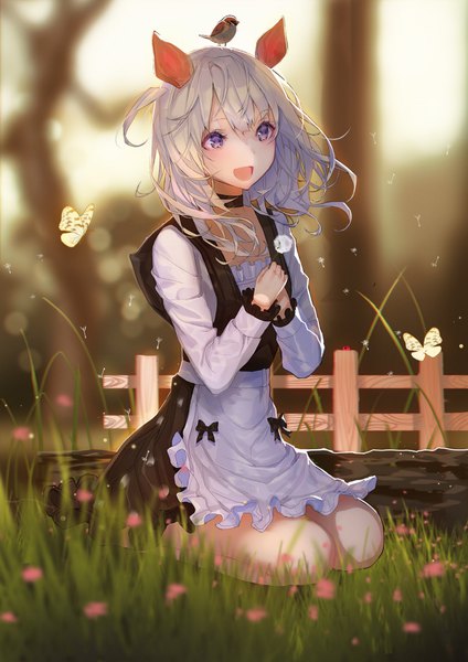 Anime picture 700x990 with original lloule single long hair tall image blush fringe open mouth sitting purple eyes holding animal ears looking away silver hair outdoors wind girl flower (flowers) plant (plants) insect